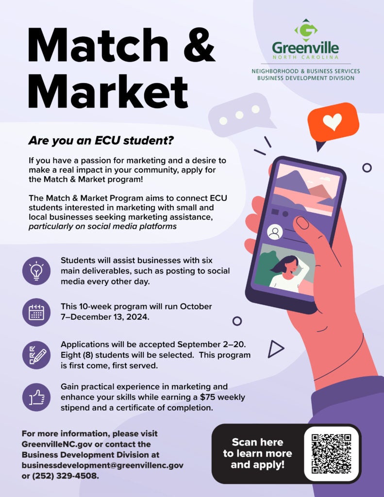 Match & Market flyer for program to connect ECU students interested in helping create marketing material for local small businesses.  