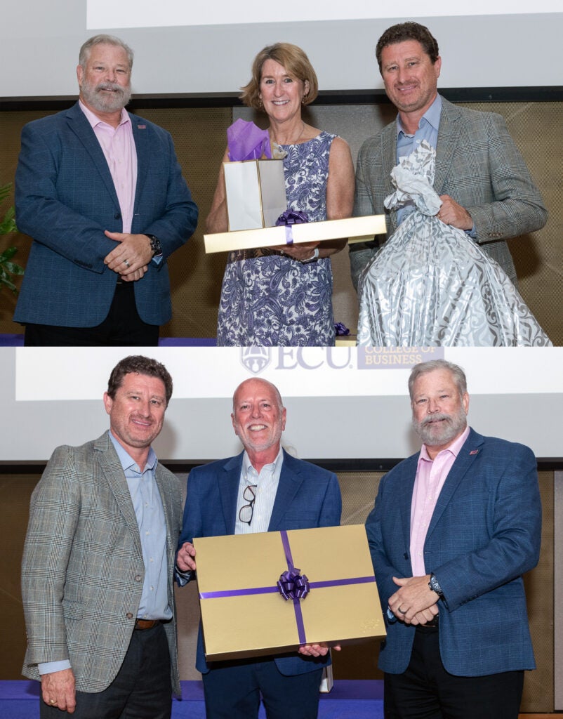 Three people at COB retirement event; the woman in the center holds wrapped gifts. Three men at COB retirement event; the center holds a gold gift box with a purple ribbon.
