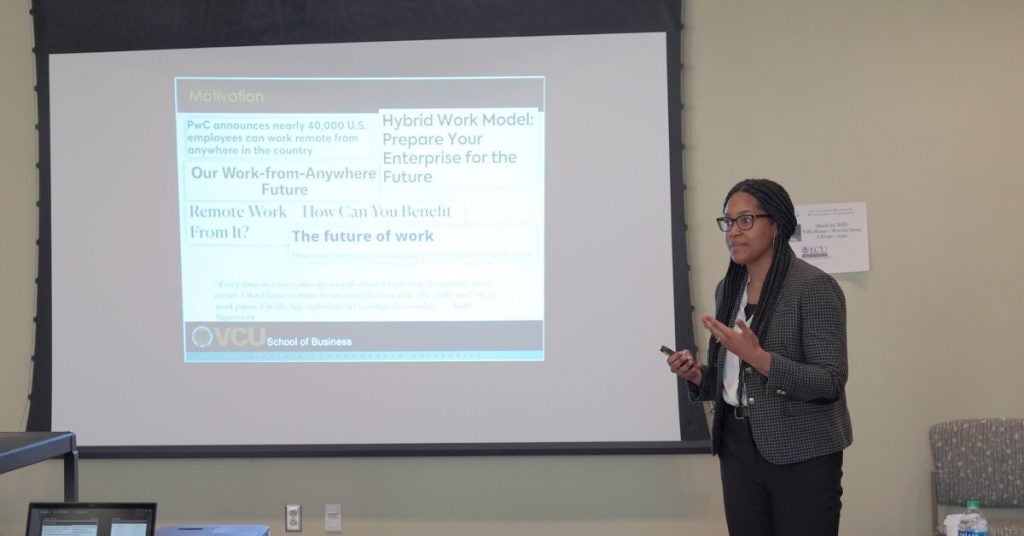 Accounting doctoral candidate presents her accounting research to ECU's accounting department
