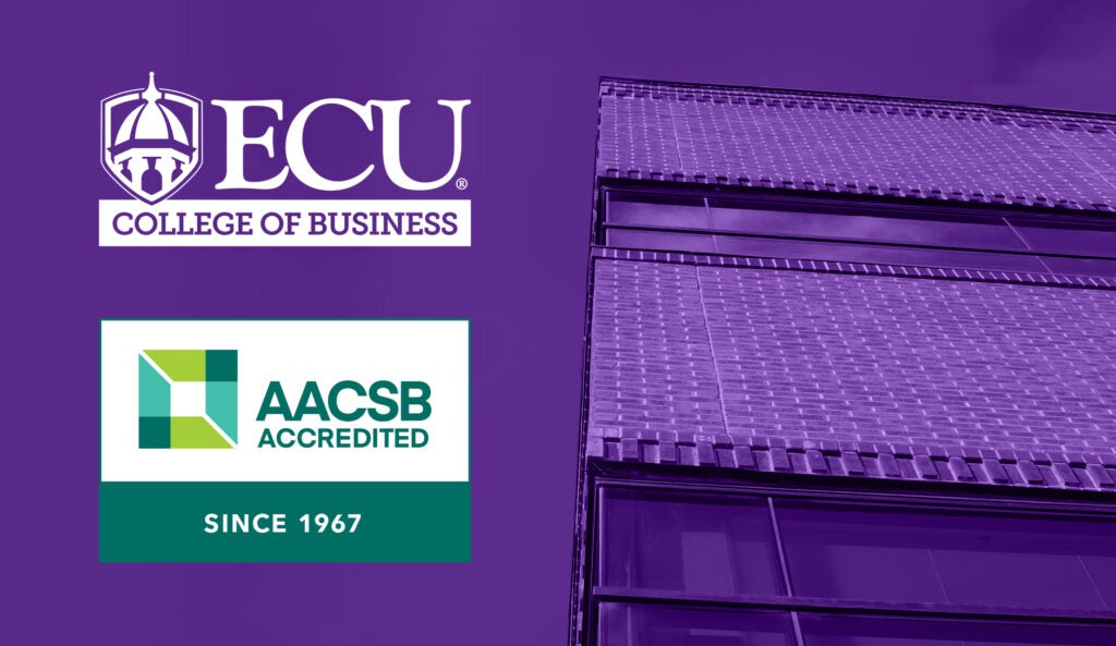 ECU College of Business graphic featuring the AACSB Accredited logo with the text "Since 1967" overlaid on a purple-tinted photo of a modern brick and glass building.
