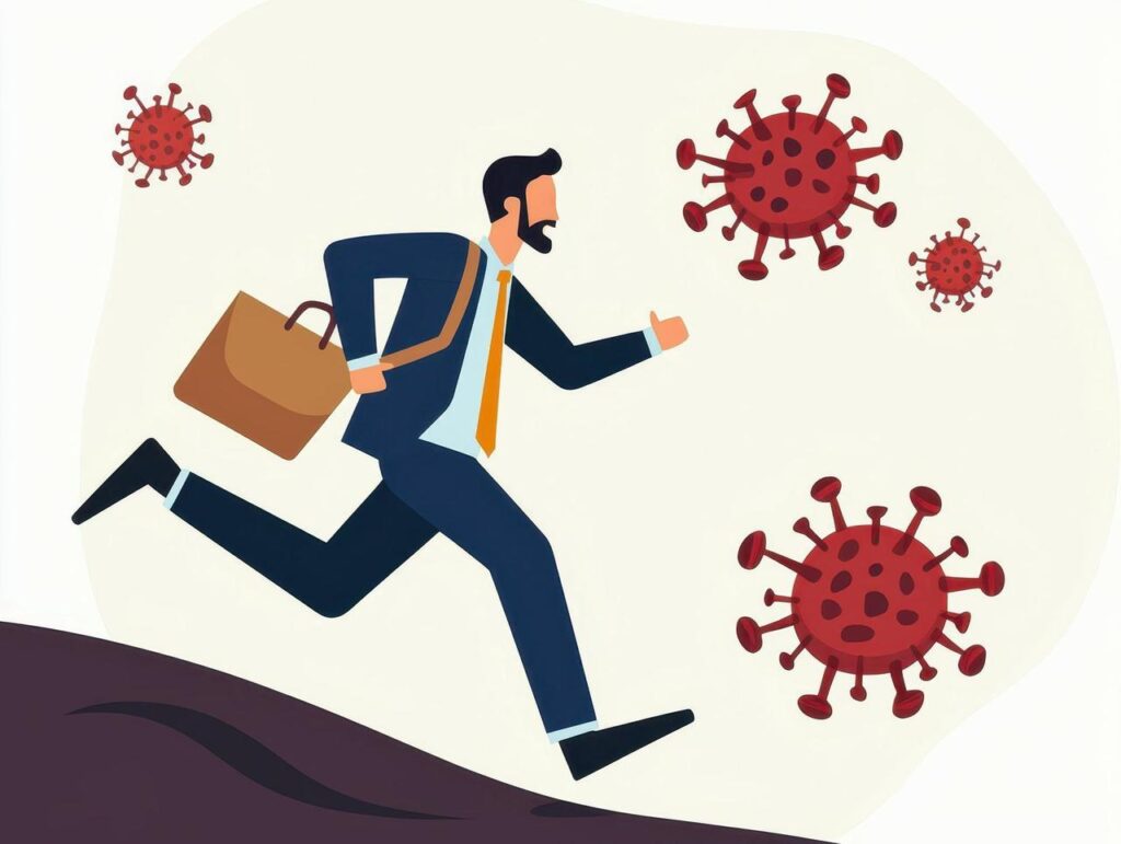Businessman running with a briefcase, surrounded by COVID-19 virus icons.