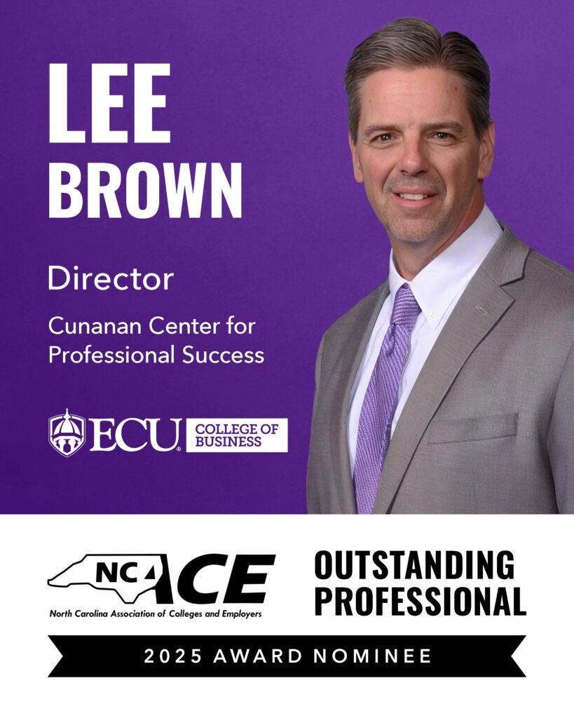 Lee Brown, Director of the Cunanan Center for Professional Success at ECU College of Business, is shown in a professional portrait on a purple background. Text on the graphic announces his nomination for the 2025 NCACE Outstanding Professional Award. The NCACE logo and award details appear on the right side.
